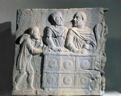 Rahanvaihtajaa kuvaava sarkofagin fragmentti Roomasta, Viale del Re tekijältä Roman