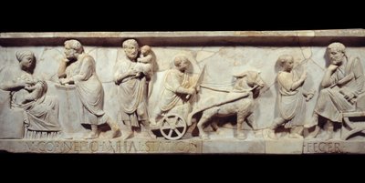 Fragmentti Marcus Cornelius Statiuksen sarkofagista noin 150 jKr. - Muinainen Rooma: Roomalaisen sarkofagin kasvot. Kohtaus lapsen elämästä, joka kasvaa syntymästä oppimiseen. Pariisi, Musee du Louvre tekijältä Roman