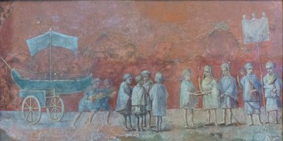 Freskofragmentti kalenterista, joka kuvaa navigointia Isidistä, lepofestivaalia, joka pidettiin matkan alussa ja joka edustaa maaliskuuta, 300 jKr. (fresko) tekijältä Roman