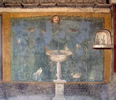 Fresko suihkulähteellä, naamiolla ja lintuilla, House of Venus in Shell, Pompeii (Unescon maailmanperintöluettelo tekijältä Roman