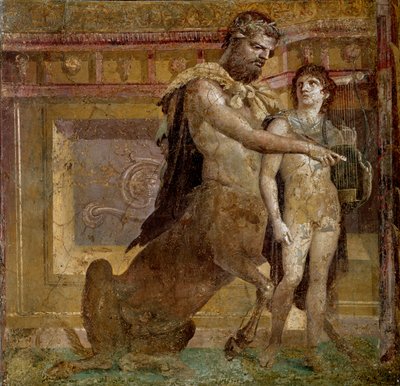Kreikkalainen mytologia: Kentauri Chiron ja Achilles-lapsi. Fresko Herculanumin basilikasta (Basilica di Ercolano). Roomalainen taide Napoli, Museo Archeologico Nazionale - Kreikkalainen mytologia: Kentauri Chiron ja Achilles-lapsi tai Akilleuksen koulutus tekijältä Roman