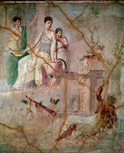 Herakles ja Omphale (Hercules ja Omphale) Roomalainen fresko 3. Pompejin tyyliin Pompejista (Fresko Pompejista) 40-60 jKr Koko 88x103 cm Konservoitu Napolin kansallisessa arkeologisessa museossa Italiassa tekijältä Roman