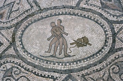 Herkules ja Antaeus Herkuleen talon lattiasta (mosaiikki) tekijältä Roman