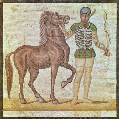 Ratsastaja kilpaväreissä (mosaiikki) tekijältä Roman
