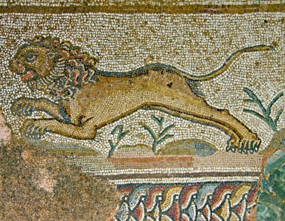 Metsästyskohtaus, yksityiskohta leijonasta, Dionysoksen talo, Pafos, Kyproksen mosaiikki tekijältä Roman