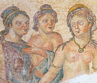Leda ja hänen Housemaids, yksityiskohta Leda ja Zeus mosaiikista, House of Aion, Paphos, Kypros (mosaiikki) tekijältä Roman