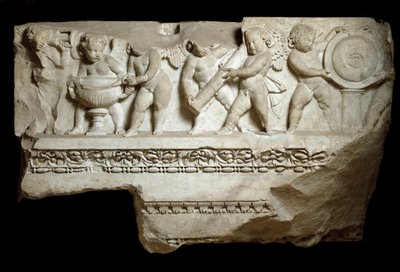Rakkaus kantamassa Marsin jumalan käsivarsia, 2. vuosisata (marmorireliefi) tekijältä Roman
