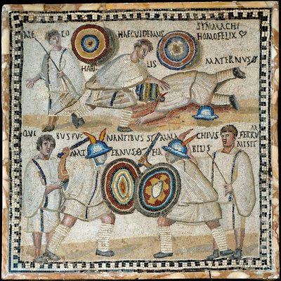 Mosaiikki, joka kuvaa kamppailua kahden tasamiehen välillä nimeltä Simmachius ja Maternus, roomalainen, 3. vuosisadalla jKr. tekijältä Roman