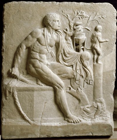 Orestes konsultoi Apollon oraakkelia Delphissä (marmori) tekijältä Roman