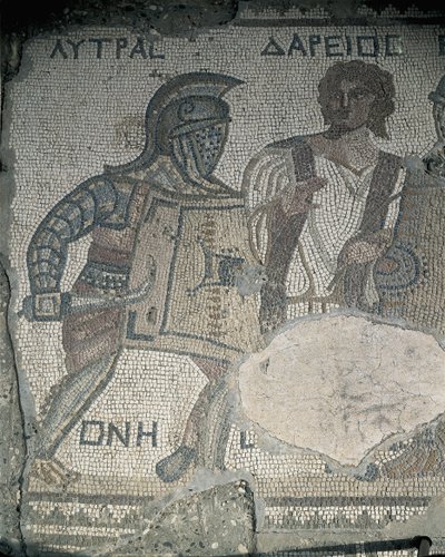 Maalaus kahdesta gladiaattorista mosaiikkiseinälle, Kourion, Limassol, Kypros tekijältä Roman