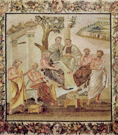 Platon keskustelemassa oppilaidensa kanssa, T. Siminiusin talosta Pompejista (mosaiikki) (katso myös 156873) tekijältä Roman