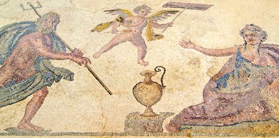 Poseidon ja Amymone, Dionysoksen talo, Paphos, Kypros (mosaiikki) tekijältä Roman