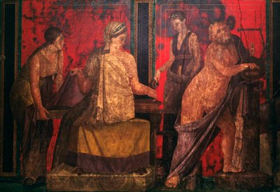Pappitar ja silenus soittamassa lyyraa, kohtaus vihkimyksestä dionysiakin mysteereihin, Mysteerien huvilan Triclinium, Pompeji (UNESCOn maailmanperintöluettelo) tekijältä Roman