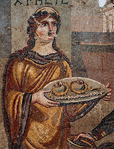 Vanki Chresis antaa lunnaansa avaimet vangitsijalleen Agamemnonille, yksityiskohta Chresiksen mosaiikista, joka paljastettiin Daphnessa Antiokiassa Turkissa tekijältä Roman