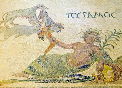 Pyramus ja Thisbe, yksityiskohta Pyramuksesta ja leopardista, Dionysoksen talo, Pafos, Kyproksen mosaiikki tekijältä Roman