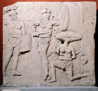 Reliefi, joka kuvaa gladiaattorikohtausta Due Madonnen alueelta, Bolognasta, roomalaisesta sivilisaatiosta tekijältä Roman