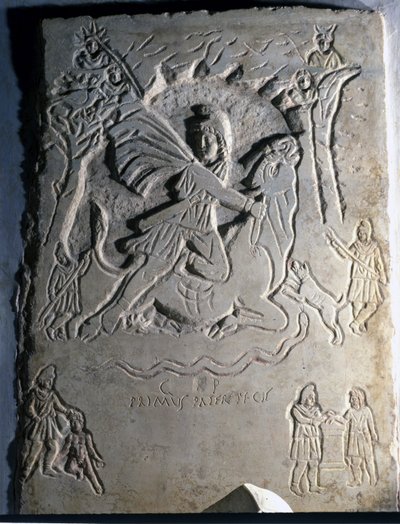 Reliefi, joka kuvaa iranilaista jumaluutta Mithraa (tai Mitraa), joka teurastaa härän, siihen liittyvän eläimen. 4. vuosisadalla. Palazzo dei Conservatori, Rooma. tekijältä Roman