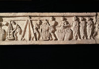 Reliefi, joka kuvaa leipien pinoamista koreihin ja niiden ottamista punnitukseen. Euryaces leipurin haudasta, Porta Maggiore, Rooma, n. 50-20 eaa.50-20 tekijältä Roman