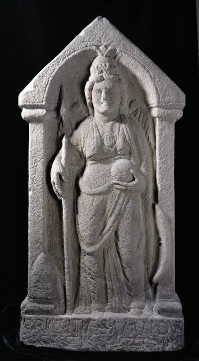 Reliefveistos, joka kuvaa Brigantiaa, pohjois-Britannian alkuperäisjumalattarta, roomalaisena jumalattarina Birrensistä, Middlebiestä, Dumfriesshiresta (kivi) tekijältä Roman