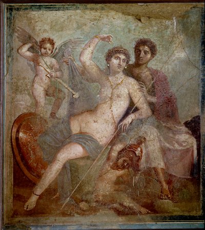 Esitys Aresista ja Aphroditesta, mukana rakkaus leikkii jumalan aseilla. Fresko Villa de Marsista ja Venuksesta Pompeissa. 1. vuosisadalla jKr. Napolin arkeologinen museo - roomalainen taide: Ares, Aphrodite ja Eros. Aphrodite (Venus) recl tekijältä Roman
