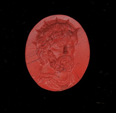 Sormus, jossa on keisari Postumusin muotokuva (punainen jaspis) tekijältä Roman