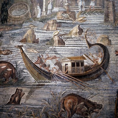 Jokialus 1. vuosisadalla eKr. Yksityiskohta Palestiinan mosaiikki. Peräsin on perässä ja kaksois. Tämä mosaiikki on peräisin Onnentemppelistä, ja se on nyt säilytetty Barberinin palatsissa. tekijältä Roman
