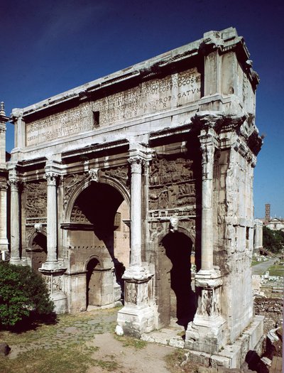 Roomalainen taide: Rooman keisari Septime Severuksen (Lucius Septimius Severus) (146-211) voittokaari, toteutettu vuonna 203 jKr, Forum Romanum, Rooma tekijältä Roman