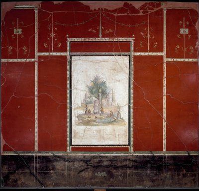 Roomalainen taide: "" Bukolinen maisema ja pyhä "" Amandon mestarille kuuluva fresko. Boscotrecasesta, Agrippa Postumo -huvilasta. 1. vuosisadalla. Mitat 153x98 cm Napoli, Kansallinen arkeologinen museo tekijältä Roman