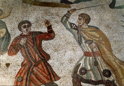 Roomalainen taide: Yksityiskohta mosaiikki "" Suuri metsästys"" Roomalainen aristokraatti rankaisee yhtä orjistaan kepillä. 315-350 jKr. Piazza Armerina, Villa Romana del Casale tekijältä Roman