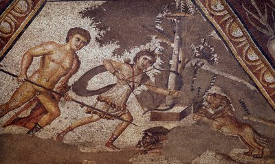 Roomalainen taide: Vuodenaikojen mosaiikki "" Daphnen" Konstantinuksen huvilan pihalta, joka edustaa kahta metsästäjää. Yksityiskohta. Antioche-sur-l