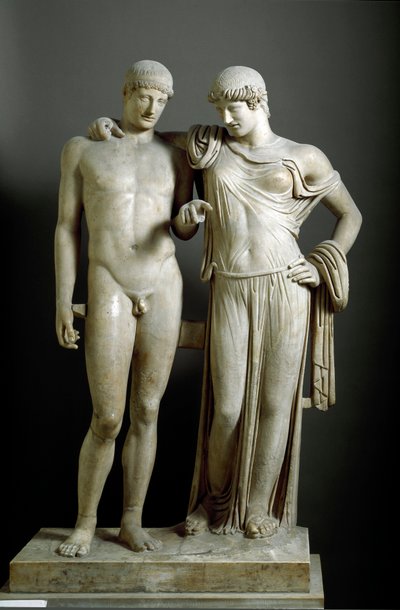 Roomalainen taide: "" Oreste et Electre "" - Marmoriveistos Pozzuolista (Pozzuoli) 1. vuosisadalta jKr., halkaisija 160 cm - Kansallinen arkeologinen museo, Napoli - Roomalainen sivilisaatio: Electra ja Orestes - Marmoriveistos (K. 160 cm) tekijältä Roman