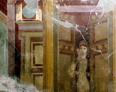 Roomalainen taide: "" Naisen muotokuva oven sisäänkäynnissä"" Yksityiskohta Fabio Rufon (Marcus Fabius Rufus) 1. vuosisadalla jKr. huvilan freskosta. Pompei, Italia tekijältä Roman