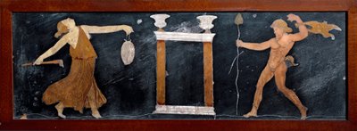 Roomalainen taide: "" Menadin ja satyyrin tanssi lähellä pientä temppeliä""" Marquetry Pompejista. Himmeä. 23x67 cm Museo Archeologico Nazionale, Napoli tekijältä Roman