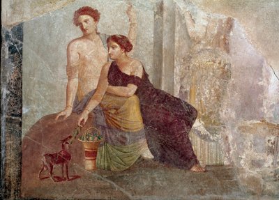 Roomalainen taide: ""Kaksi naista leikkimässä vuohen kanssa"" Fresko 1. vuosisadalta eKr. Pariisi, Louvre-museo tekijältä Roman