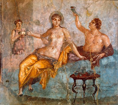 Roomalainen taide: juhlatilaisuus, nuori mies ja kurtisaani (juhla antiikin Roomassa, nuori mies ja kurtisaani) Roomalainen fresko 4. Pompeilaistyylinen Ercolanon (Herculanum tai Herculaneum) paikalta 60-80 jKr Dim 65x66 cm Esitelty Nationalissa tekijältä Roman