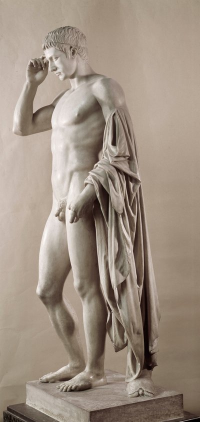 Roomalainen taide: Rooman keisari Augustuksen (Octavianuksen ja sitten Octavianuksen) patsas (63 eKr.-14 jKr.). Pariisi, Louvre-museo tekijältä Roman