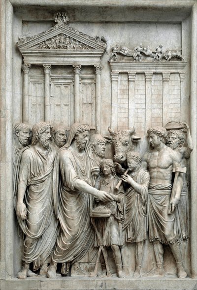 Rooman keisari Marcus Aurelius uhraamassa Jupiterin temppelin edessä Roomassa, n. 161-180 (Marmorireliefi) tekijältä Roman