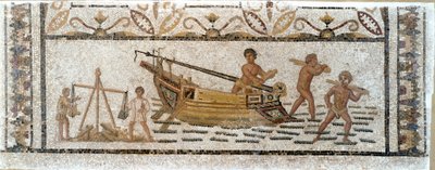 Roomalainen antiikki: "" Puulastin purkaminen aluksesta ja lyijyn punnitseminen"" Mosaiikki tulee Soussesta Tunisiasta. 3. vuosisadalla jKr. Himmeä. 90x230 cm Musee du BarDo, Tunis tekijältä Roman