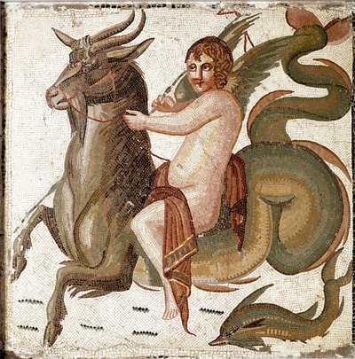 Roomalainen taide: "Amor ratsastaa merieläimellä"" Mosaiikki keisari Septius Severen perheen huvilasta. 2. vuosisadan loppu JC:n jälkeen. Rooma, Museo Nazionale Romano tekijältä Roman