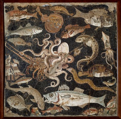 Roomalainen taide: "" Meren eläimistö"" Mosaiikki 2. vuosisadalta. Napoli, Kansallinen arkeologinen museo, inv. 120177 - Roomalainen taide: Merielämä. Mosaiikki 2. vuosisadalta eKr. Kansallinen arkeologinen museo, inv. 120177, Napoli, Italia. tekijältä Roman