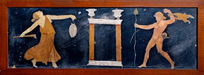 Roomalainen taide: uhka ja satyyri tanssimassa temppelin lähellä. Fresko Casa dei Capitelli doratista Pompejista. 1. vuosisadalla jKr. Napoli, arkeologinen museo tekijältä Roman