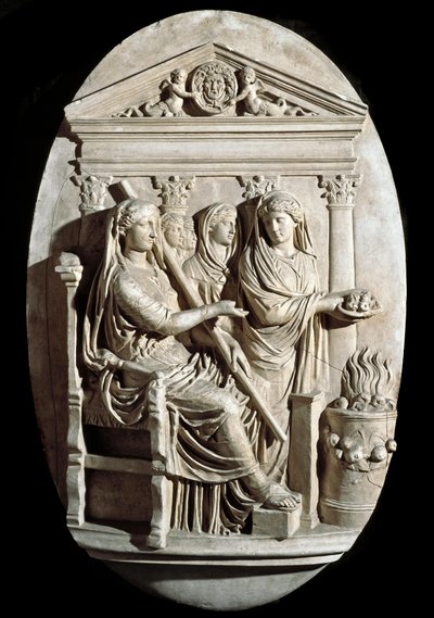 Roomalainen taide: uhrauskohtaus Vestassa (Hestia) Villa Albanista (matala kohokuvio) tekijältä Roman