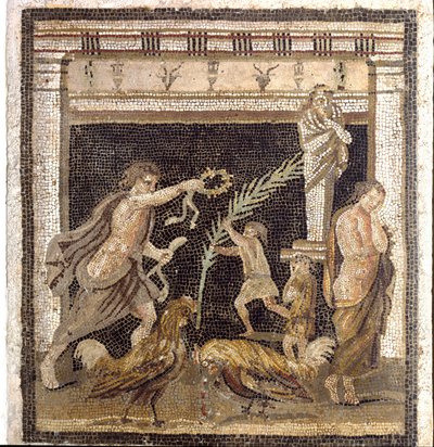 Roomalainen taide: kukkotaistelu palestrassa tappion ja voiton persoonallisuuksien läsnä ollessa. Mosaiikki Villa du Labyrinthista Pompejista. 2. tyyli. Himmeä. 46x42 cm Museo Archeologico Nazionale, Napoli tekijältä Roman