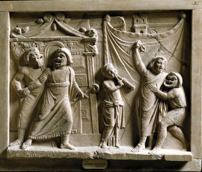 Roomalainen taide: komediateatterikohtaus (komedia) Terencen (Publius Terentius Afer) (185-159 eKr.) teoksesta "Andria", Pompejin reliefi - Museo Archeologico Nazionale Napoli - Kohtaus kreikkalaisesta komediasta Andria, kirjoittanut Terence (Publius Teren tekijältä Roman