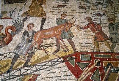 Roomalainen taide: mosaiikin yksityiskohta "" Päämetsästysosa"" Gazellit lastataan laivoille. 315-350 jKr. Piazza Armerina, Villa Romana del Casale tekijältä Roman