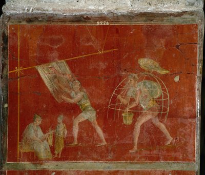 Roomalainen taide: "fullonica""" tai kulutuspinta"" -kohtaus, joka edustaa vaatteiden puhdistusta. Fresko Pompejin huvilasta Fullonica stephani (La fullonica de Stephanus), jota käytettiin pesuhuoneena ja värjäyksenä. Maalausta 1. vuosisadalta jKr. Napoli, tekijältä Roman