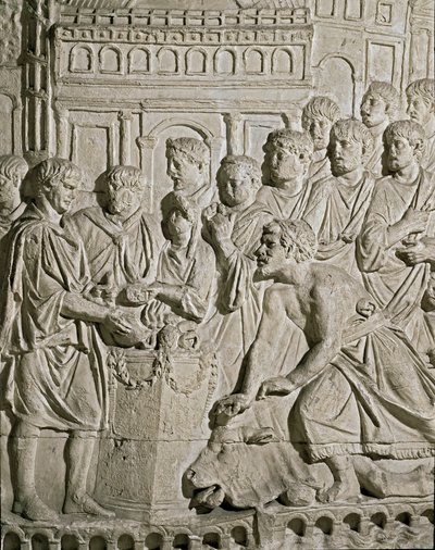 Roomalainen taide: matala reliefi, joka esittää Sarmatin kansalaisia kunnioittamassa roomalaisia. Marc-Aurelen (Marx Aurele) pylvään reliefeistä. 2. vuosisadalla jKr. Rooma, Museo della Civilta Romana tekijältä Roman