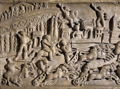 Roomalainen taide: matala kohokuvio, joka edustaa tankkikilpailuja Circus Maximuksessa (Grand Circus tai Circus Maxime) Roomassa. 2. vuosisadalla jKr. Rooma, Museo della Civilta Romana tekijältä Roman