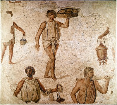 Roomalainen taide: palvelijat juhlaillassa. Fragmentti mosaiikkia Carthagesta, Tunisiasta. 180-190 jKr. Pariisi, Louvre-museo tekijältä Roman