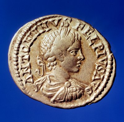 Roomalainen taide: hopeadenier, jossa on Rooman keisari Elagabalin (Heliogabale tai Marcus Aurelius Antoninus) (204-222 jKr) kuva Paris, B.N. tekijältä Roman